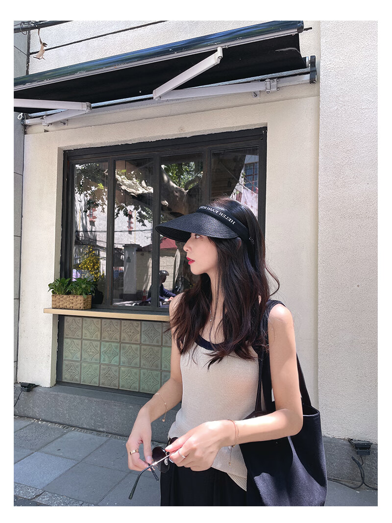 XUEXIMAN Summer Ins Straw Topless Baseball Cap for Women, Outdoor Versatile Beach Wide Brim Sun Protection Visor Hat, Sunshade Hat 11