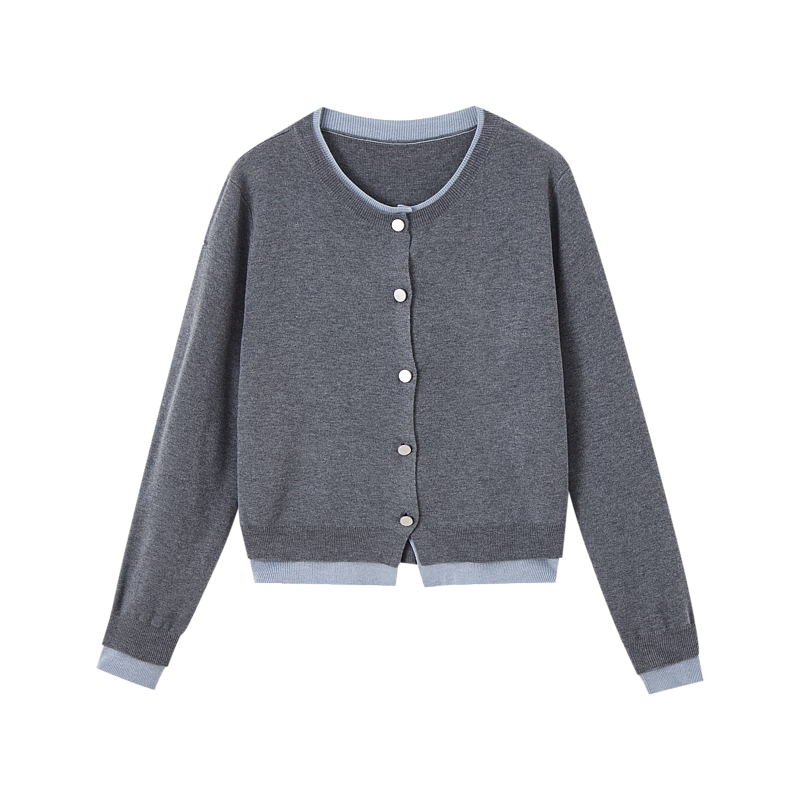 Dme [Jingshu Lingxiang Yichuang] Spring And Autumn Design-Inspired Faux Two-Piece Contrasting Color Sweater with Decorative Button Knit Top for Wome