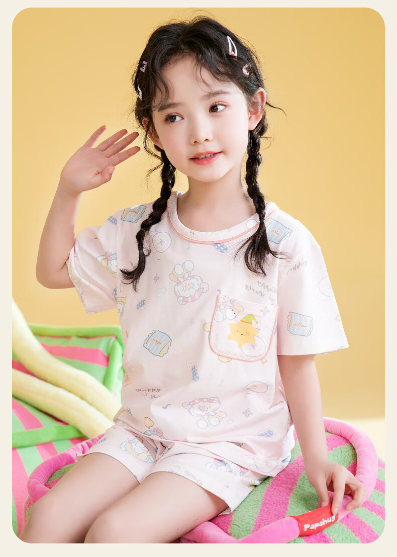Fenteng Kids Pajamas Girls 100% Cotton Summer Round Neck Loose Cartoon Short Sleeve Shorts Homewear 11