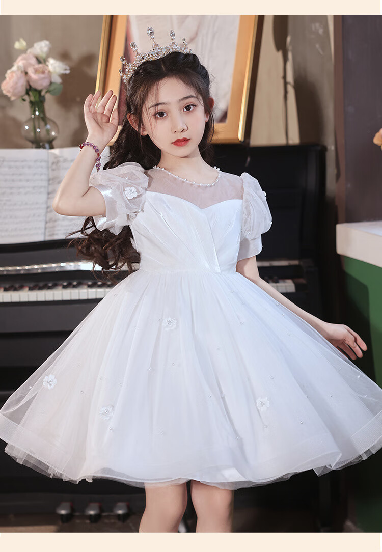 LUOBOBEIBEI Girls' Formal Dress, Children's Birthday Princess Dress, Flower Girl Wedding Dress, Host Piano New Year Costume, White Dress, Size 150 11