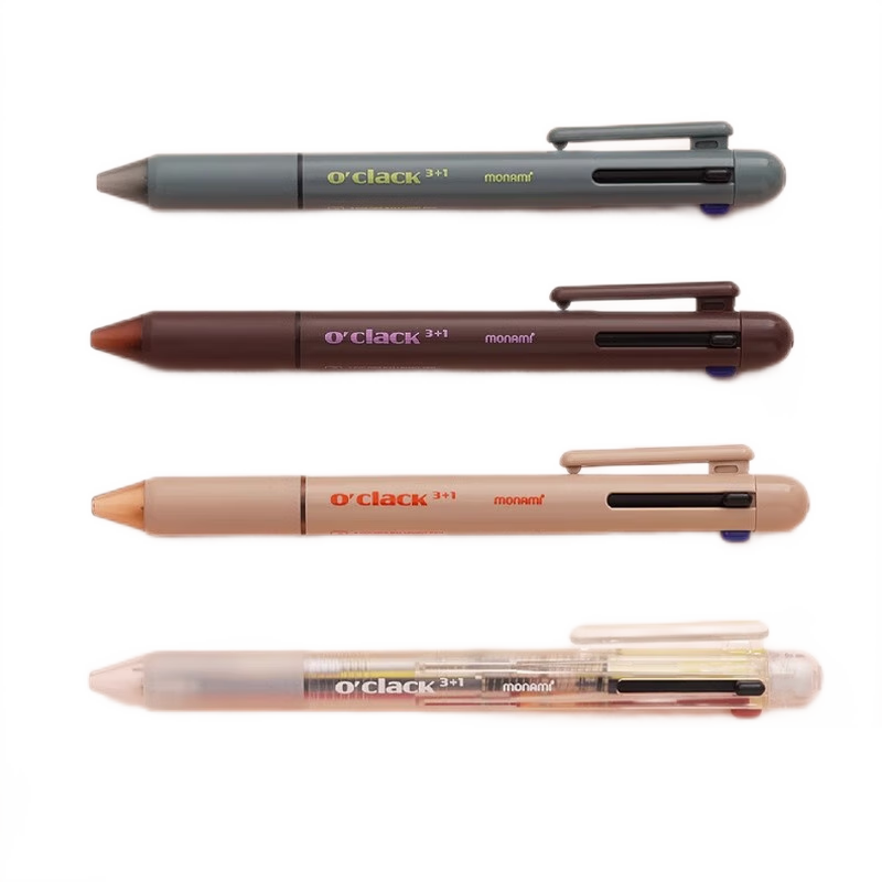 Monami Four-In Multifunctional Pen Set: Three-Color Ballpoint Pen + Mechanical Pencil 0.5mm Multi-Color Retractable Gel Pen for Note-Taking, Green Barrel 01070-249