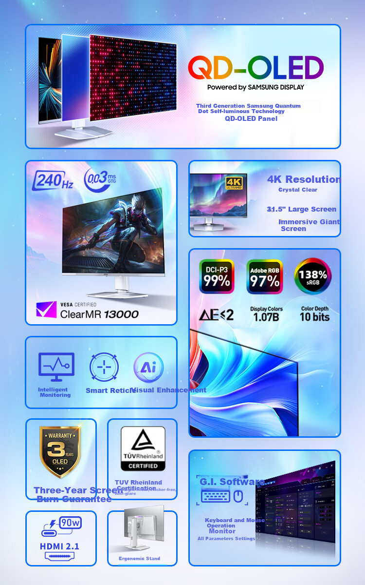 MSI Aurora MPG 321URXW QD-OLED 32-Inch 4K 240Hz Quantum Dot OLED 0.03ms Type-C 90W White Gaming Monitor 2