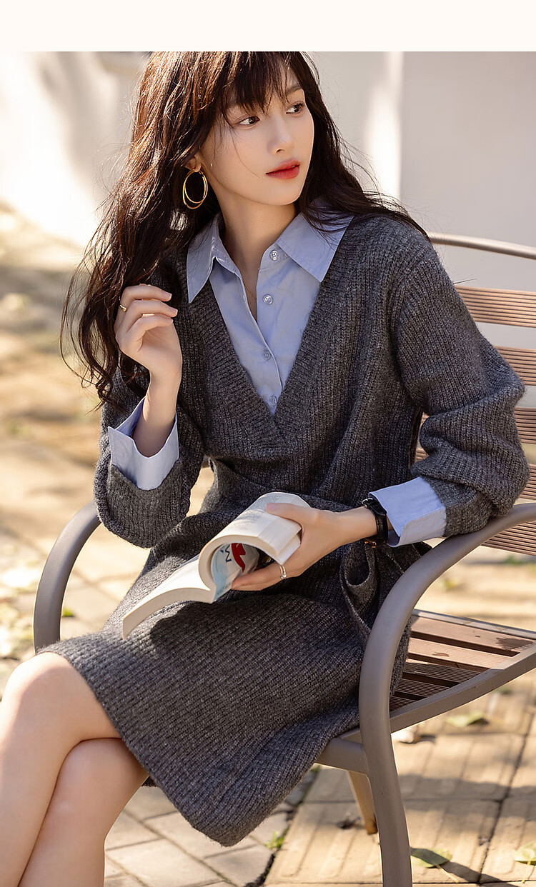 Dme [Tianyan Gaozhi Chande] Winter Faux Two-Piece Color-Block Belt with Breathable Merino Wool A-Line Dress for Wome 12