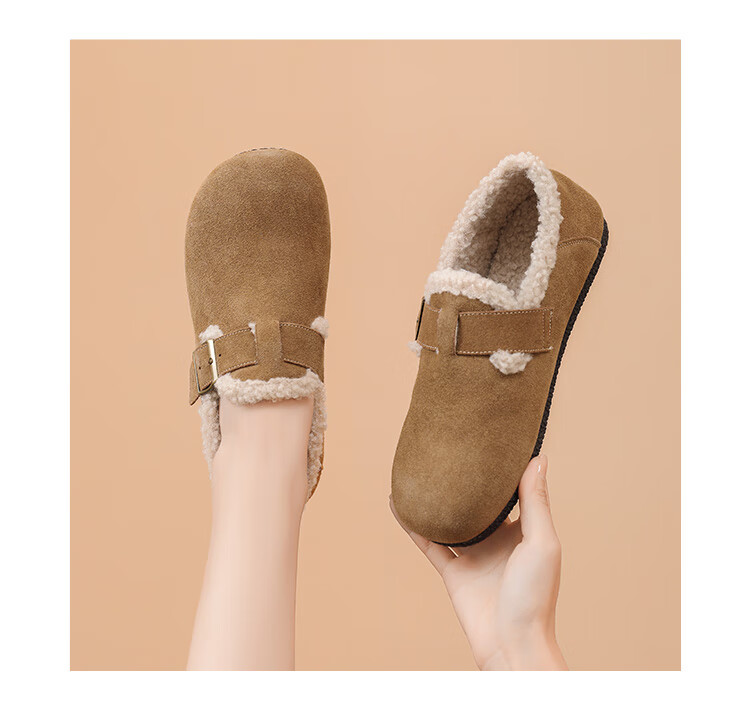 Daphne Birkenstock Women's 2023 Autumn Winter Simple Versatile Closed-Toe Slip-On Fleece-Lined Soft Sole Retro Flats Khaki Size 36 8