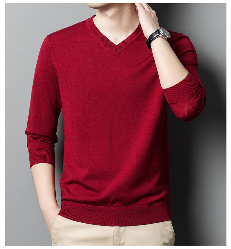 Hengyuanxiang 100% Fine-Spun Wool Sweater for Men, Machine Washable, Autumn And Winter Pullover Thin Sweater, Men's V-Neck Knit Sweater, Business Casual Solid Color Pure Wool Clothing, 20007003, Bright Red, Size 165 15