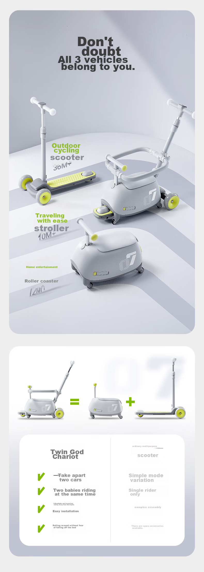 Babycare Children's Twin Scooter for Ages 1-3 Multifunctional Stroller Toy with Seat, Birthday Gift - Star Dust Gray 6