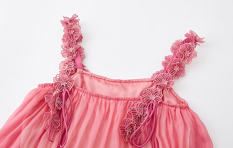 Dme [Dingdai'er Fashion] Summer Flowy Pink Gradient Chiffon Spaghetti Strap Beach Dress, 3D Floral A-Line Dress 11