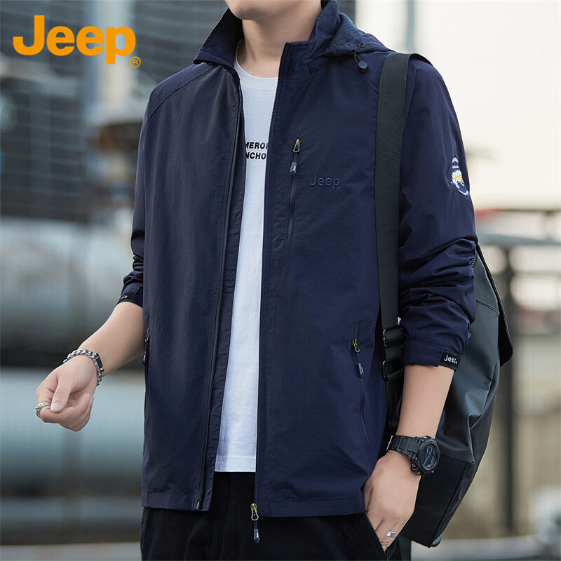 JEEP Men's Jacket, Spring And Autumn Loose-Fitting Hooded Trendy Casual Clothing, Blue, 3XL