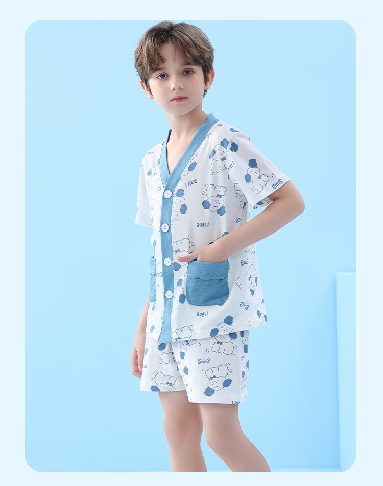 LangSha Children's Pajamas, Boys' Summer Thin V-Neck Short-Sleeve Set, Pure Cotton, Middle School Students' Loungewear Set, Size 120 15