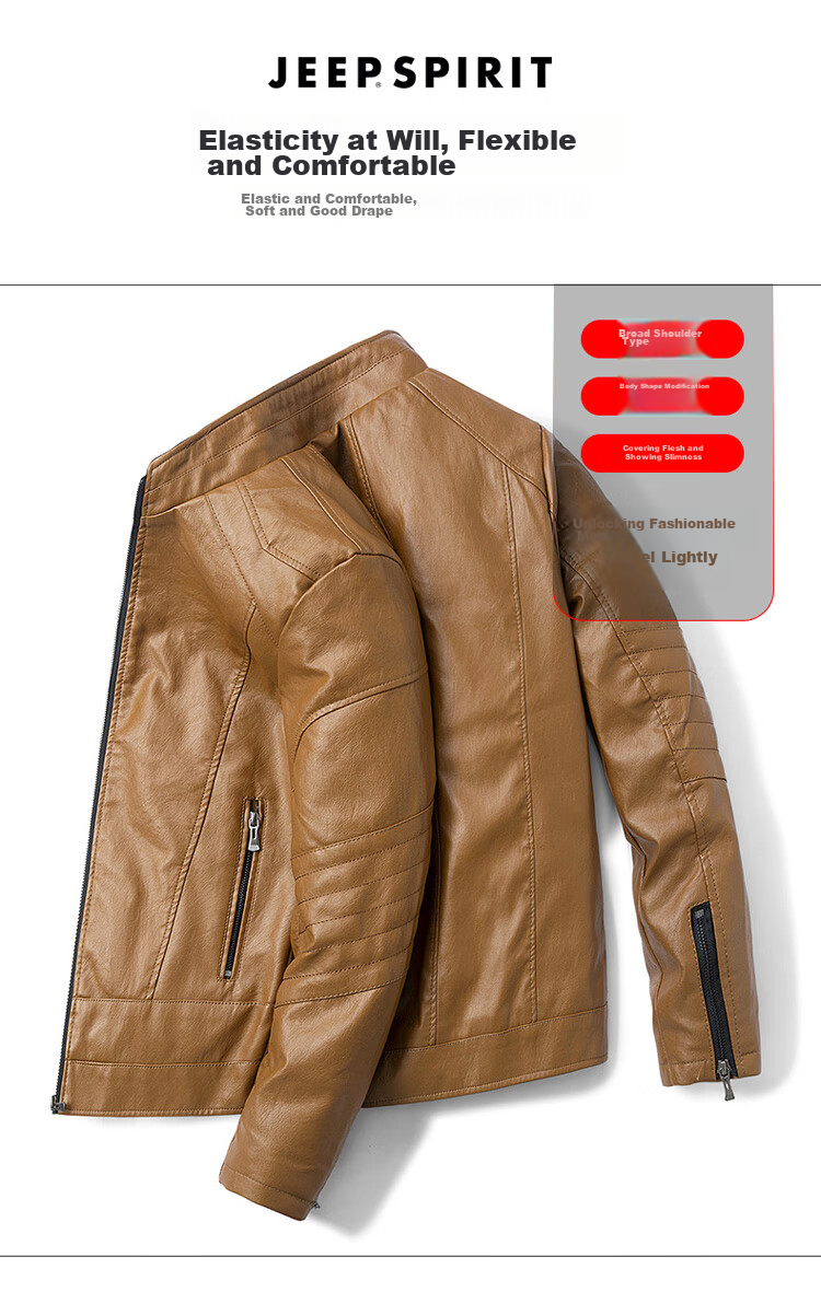 JEEP SPIRIT Men's Leather Jacket, Spring And Autumn Stand-Collar Business Motorcycle Outerwear, Black, Size L 6