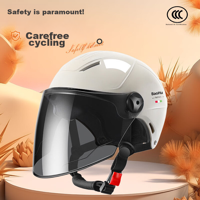 Baohu Helmet 3C Certified Electric Motorcycle Half Helmet Unisex Four-Season Safety Helmet 376 Matte Black (Sun Protection Long Visor) One Size