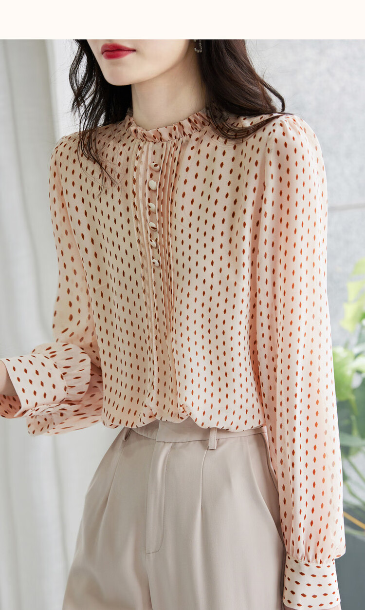 Dme [Polka Dot Puff Sleeve Blouse], Spring And Autumn Stand-Collar Fitted Long-Sleeve Commuter Shirt, Women's Top 17