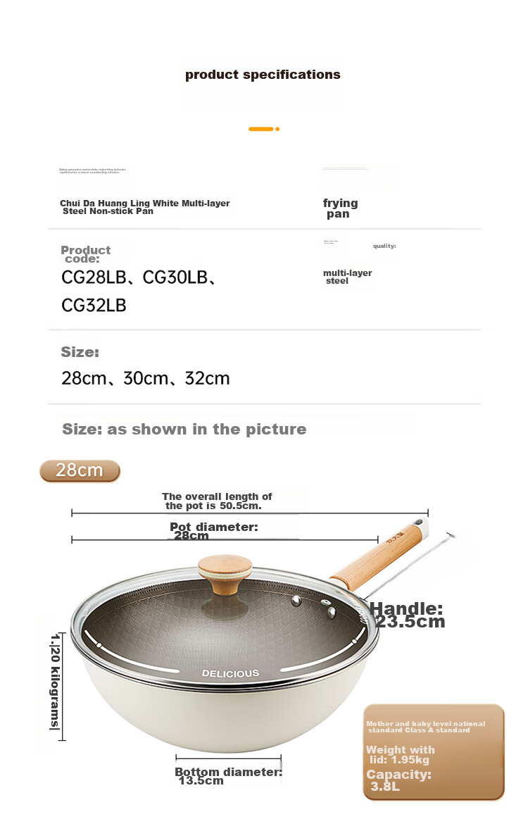 COOKER KING Non-Stick Wok, Household Titanium Frying Pan, Stainless Steel Wok, Induction Cooker Titanium Pan, 32cm 16