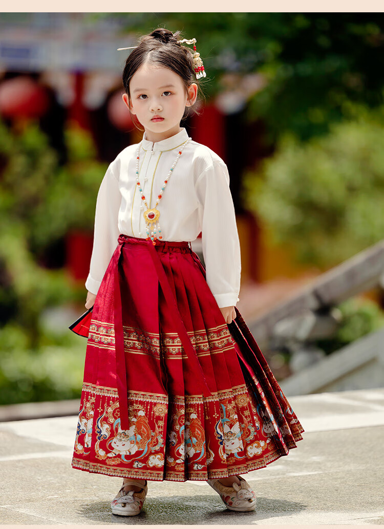 Menghu Nihang Mid-Autumn Festival Hanfu Girls' Spring And Autumn Chinese Style Children's Ming Dynasty Horse-Face Skirt Parent-Child Set, Red Skirt, Size 120 19