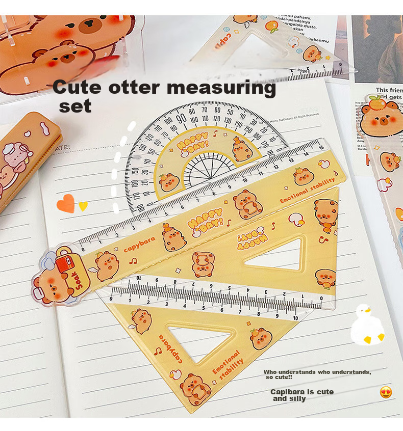 Touch Fish Student Ruler Set, Capybara Ruler Set, Cute Water Deer Ruler Set, Stationery Student High-Quality 15cm Scale Ruler, Back-To Four-Piece Set, Yellow Water Deer 3