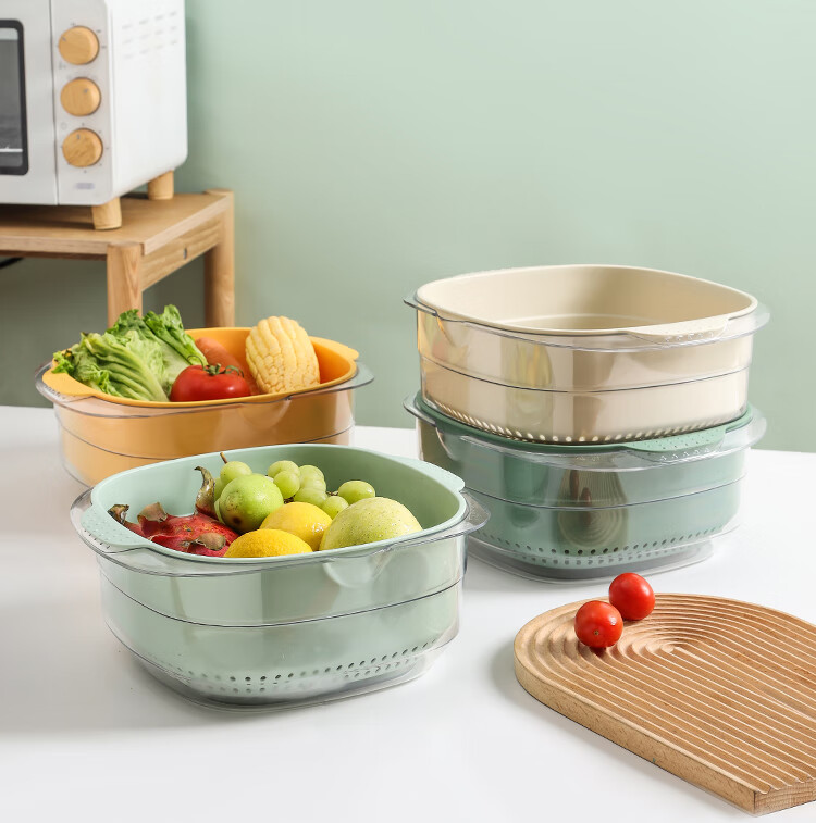 MAXCOOK Vegetable Washing Basket Draining Basket Plastic Double-Layer Vegetable Washing Basin Colander Strainer Basket 1 Basin 1 Strainer Dahong MCPJ3972 14