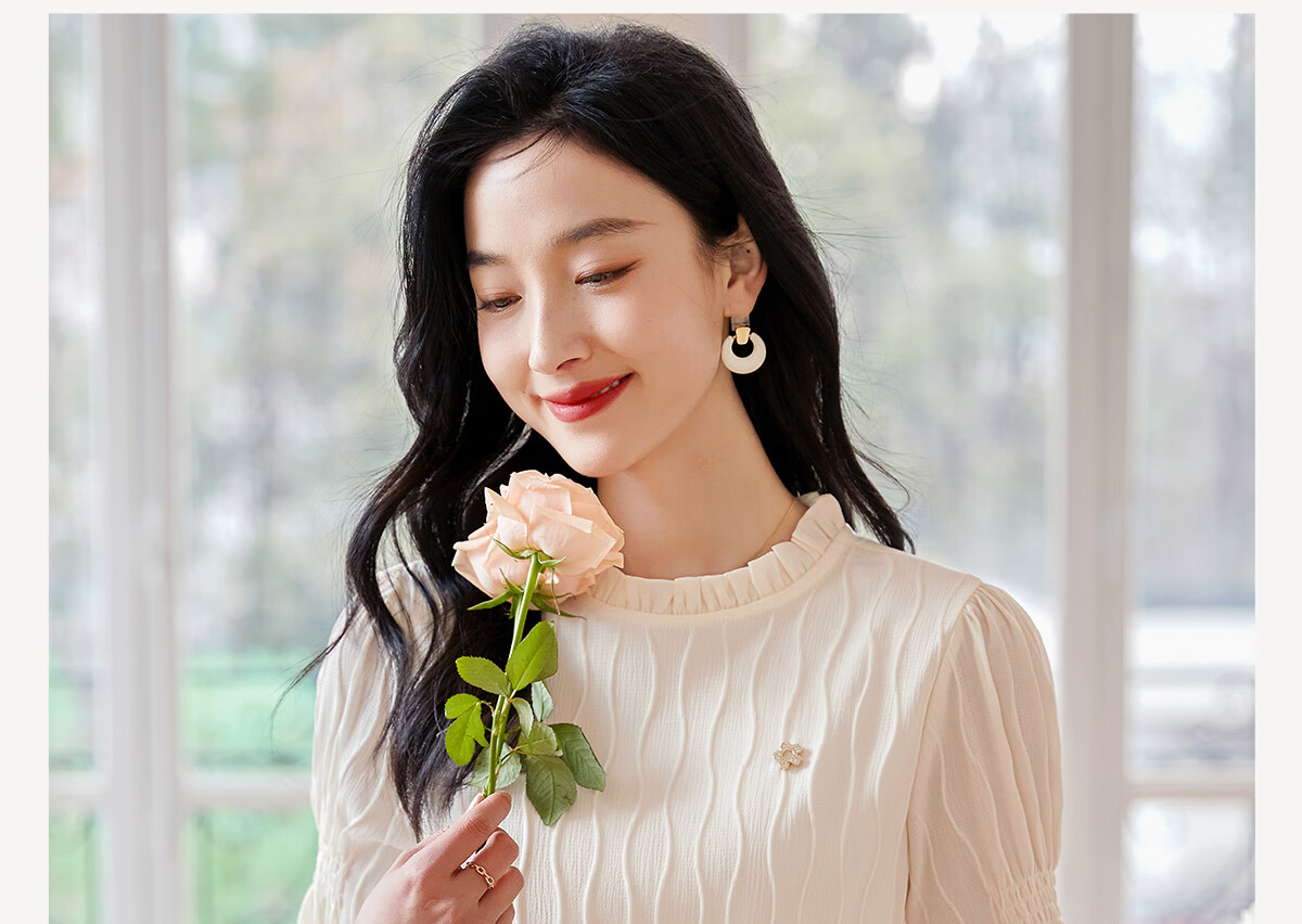 Chushen Spring And Autumn Long-Sleeve Blouse for Women, Fashionable Design with Small Stand-Up Collar, Chiffon Blouse S141C2876 Beige L 2