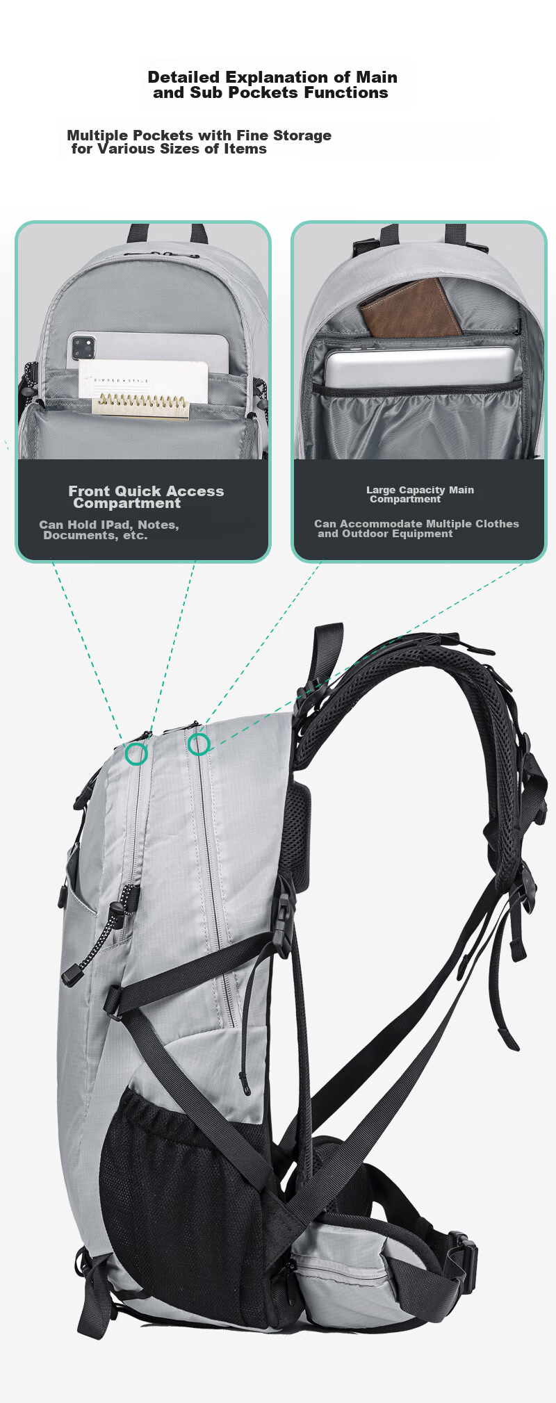 WEWOO Outdoor Hiking Backpack, Lightweight Rucksack, Professional New Model, Large Capacity, Travel Sports Waterproof Nylon, White 18