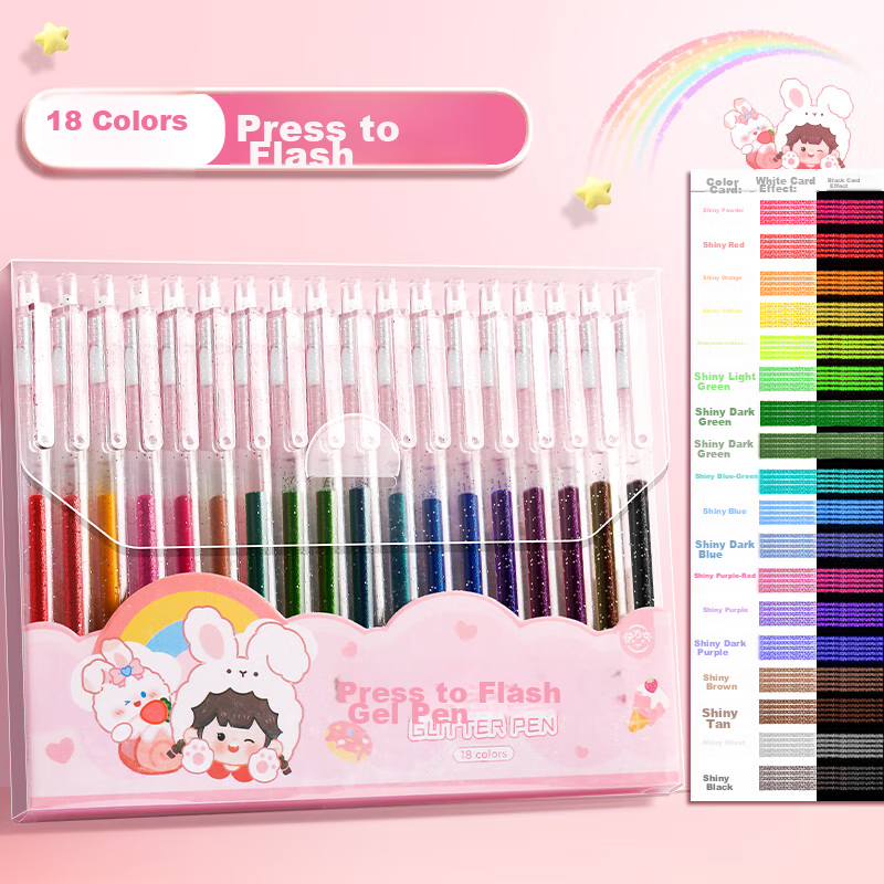 Jinzhi 18-Color Retractable Highlighters, Gel Pens, Luminous Sand Silver Light, for Children And Students' Journaling, Pearlescent Markers, Outline Highlighters, Fluorescent Pens