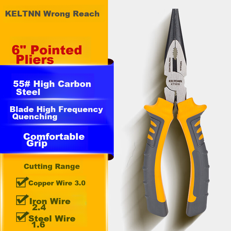 KELTONN Needle-Nose Pliers, 6-Inch Long Nose Pliers, Pointed Pliers, Electrician's Pliers, Blackened Anti-Rust KT1816