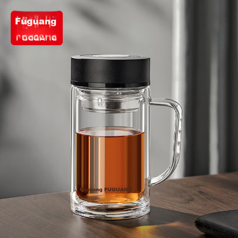 Fuguang Large Capacity High Borosilicate Double-Layer Glass Cup with Tea Strainer, Thickened Water Mug with Handle, Tea Infuser Cup, Office Mug