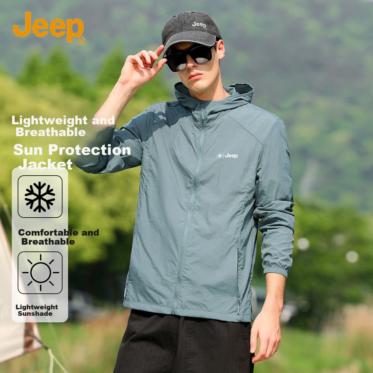 JEEP [Lightweight Sun Protection] Summer Breathable Skin Coat, Outdoor Casual UV Protection Jacket for Men, Misty Blue, Size M