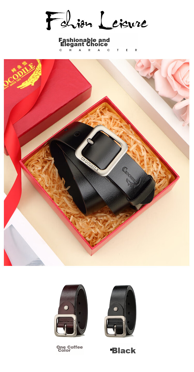 CROCODILE Women's Versatile Leather Belt, Trendy Waistband, Fashionable Vintage Pin Buckle Belt, 34MME2887, Brow 1