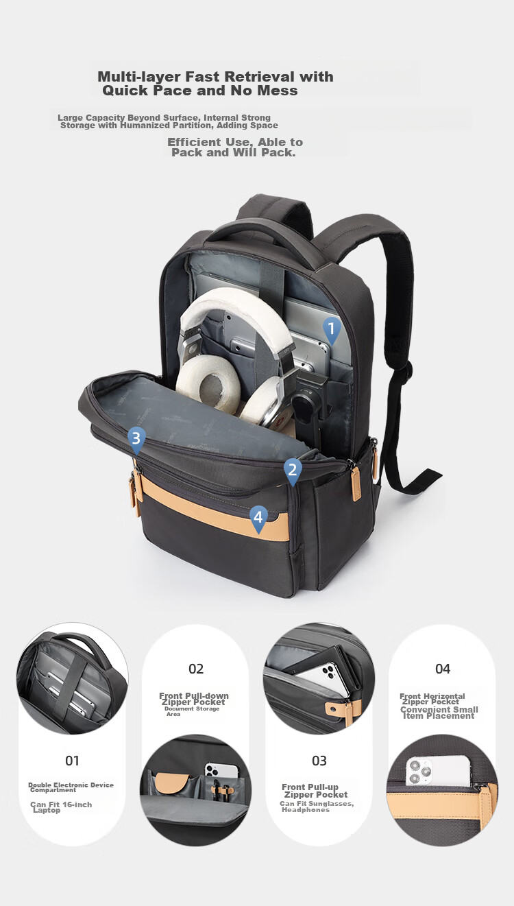 Xinxiuli Backpack, Laptop Bag for Men, Large Capacity Business Travel Bag, Commuter Notebook Bag, 16-Inch Schoolbag 4