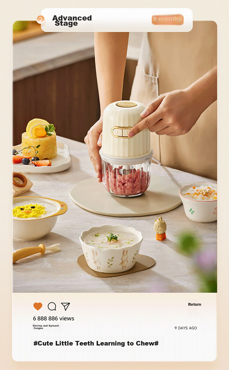 Bear Baby Food Processor, Multifunctional Small Mini Grinder And Blender, Garlic Masher, 8 Blades Single Cup Single Blade 17