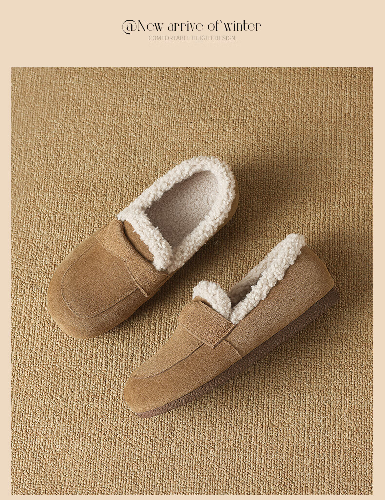 ZHR Bokeng Women's Shoes, 2025 Winter New Style, Fleece-Lined Loafers, Women's Flat Cotton Shoes, Maternity Shoes, EH116B, Khaki, Size 39 15