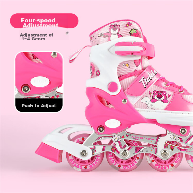 Disney Strawberry Bear Children's Roller Skates, Full Flash Inline Skates, Adjustable Ice Skates for Girls, Beginner Skating Shoes 13