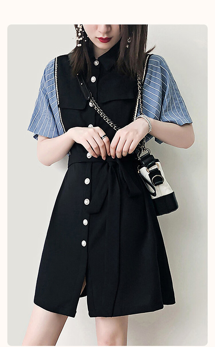 Dme [French Light Mature Commuter Style], Summer Simple Style, Turn-Down Collar, Waist-Cinching Short-Sleeve, Vintage Striped Patchwork Dress for Wome 3