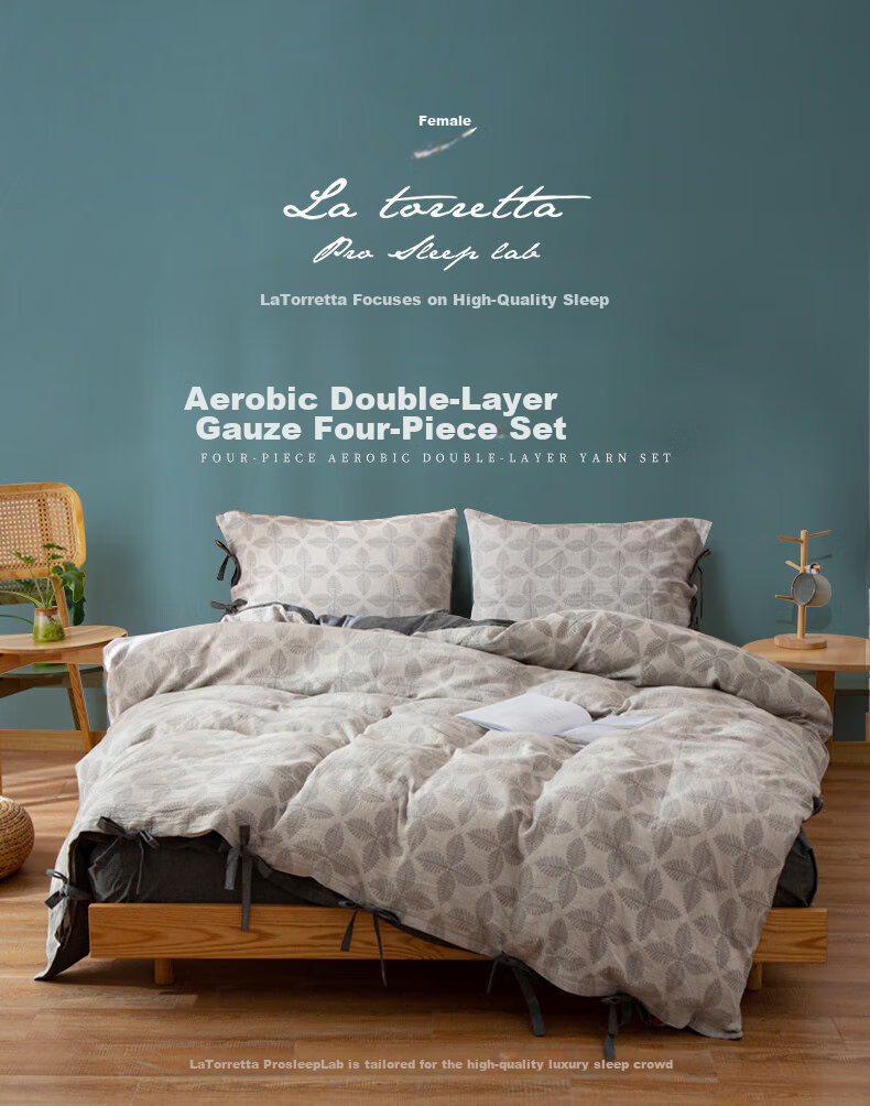 La Torretta Double-Layer Gauze Four-Piece Set, Pure Cotton High-End Color-Woven Jacquard Bedding Set with Duvet Cover And Bedsheet, Navy Blue, 1.8/1.5m Bed 1