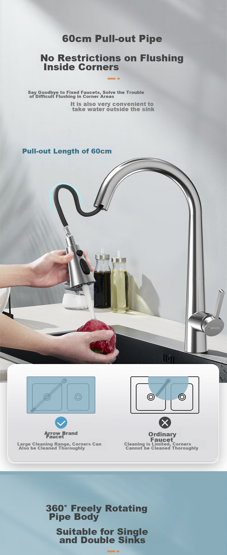 ARROW Pull-Out Kitchen Faucet, 304 Stainless Steel Hot And Cold Rotating Sink Tap for Washing Vegetables And Dishes, AE45131SS 5