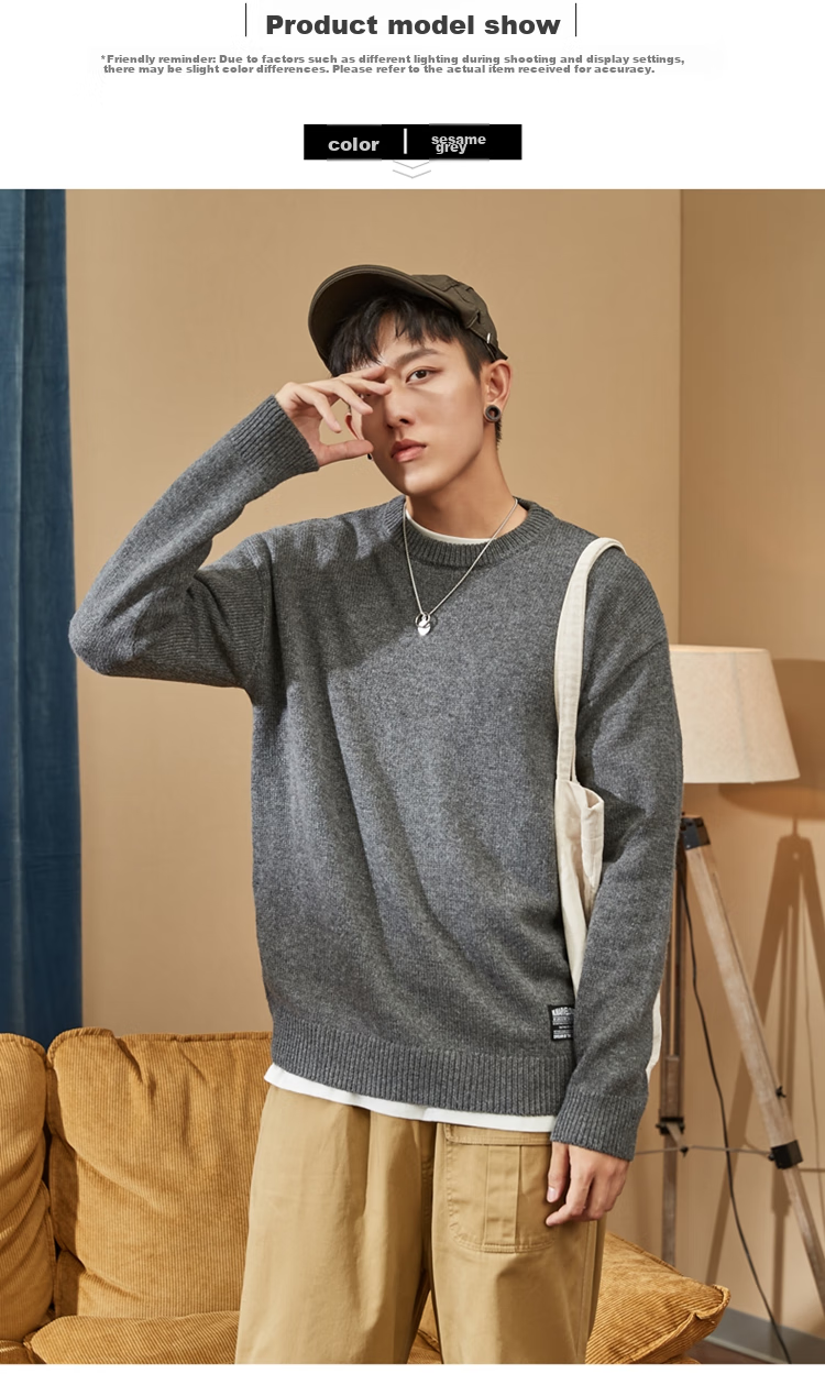 TonLion 2022 Men's Sweater, Solid Color Basic Versatile Base Layer Round Neck Knit Sweater for Men, Flax Gray, S 14