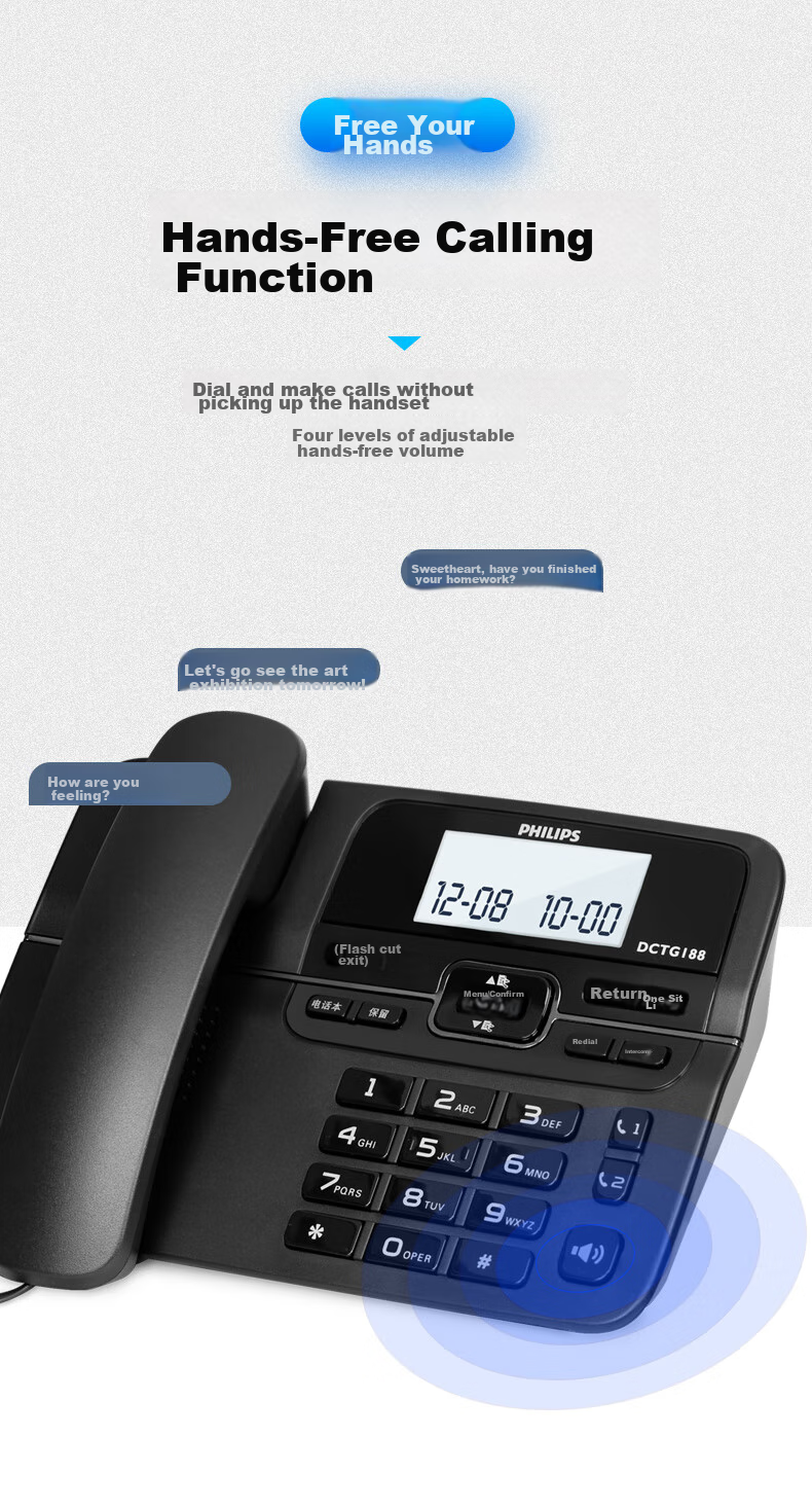 PHILIPS Digital Cordless Telephone Office And Home Landline Phone with Extension Handset, Hands-Free/One-Touch Dialing/DCTG188 Two-Line (Black) 3