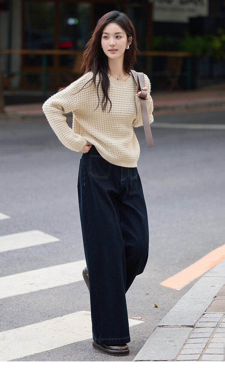Dme Simple Blue Straight-Leg Pants Winter Style Double-Buckle Wide-Leg Design Fleece-Lined Jeans for Wome 9