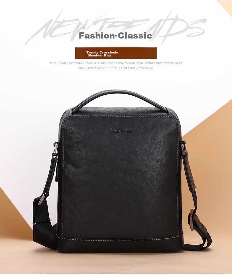 ELLE HOMME Business Men's Shoulder Bag, Fashionable Top-Grain Leather Crossbody Bag with Large Capacity, Handheld Men's Bag EA088205040 Black Birthday Gift for Boyfriend 1