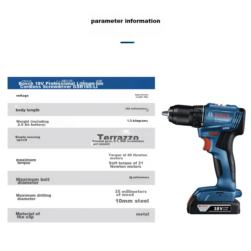 BOSCH Cordless Screwdriver Drill, Lithium Battery Handheld Drill, Screwdriver And Flat Drill, 18V GSR 185-LI, 2.0Ah Battery *1