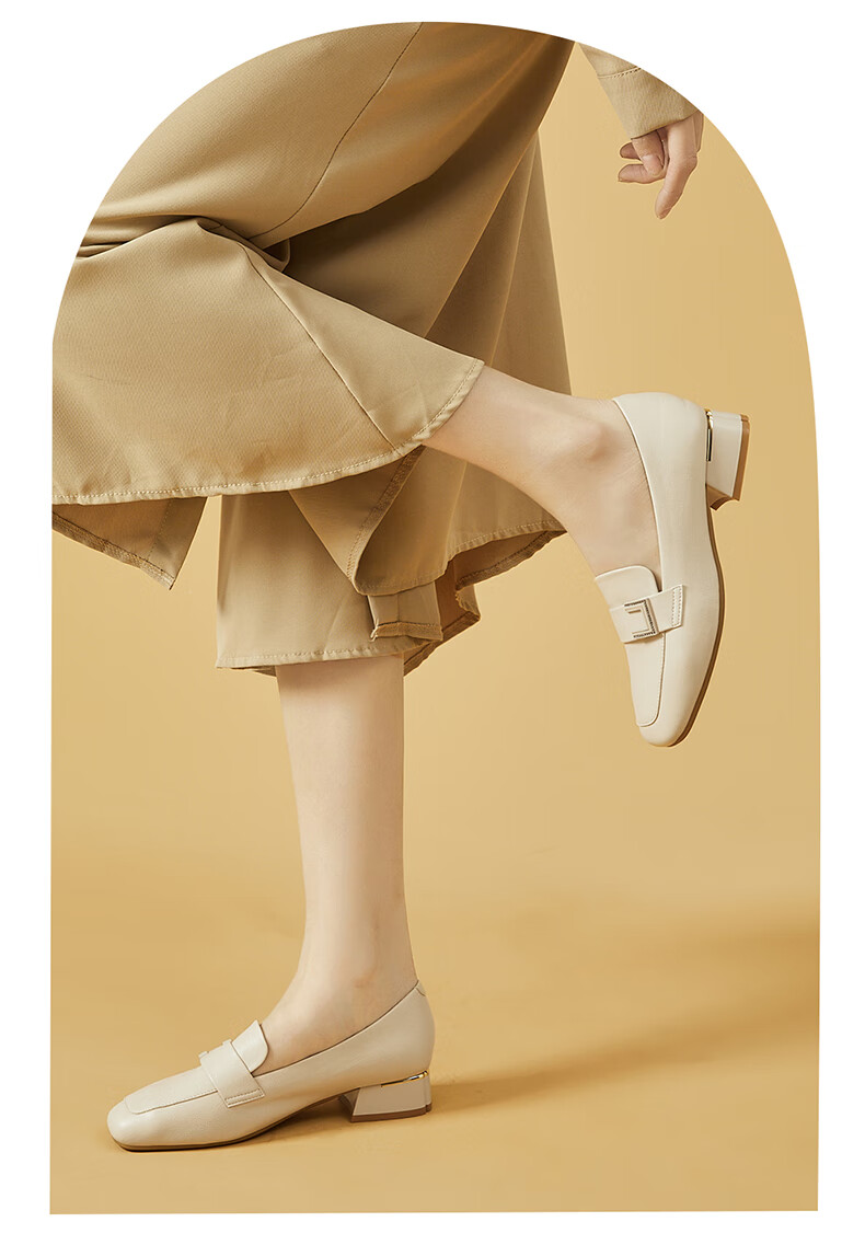 DAPHNE Women's Single Shoes, Retro Square Toe with Buckle Loafers, Chunky Heel Slimming Slip-On Commuter Shoes 4623101007 Beige 39 10