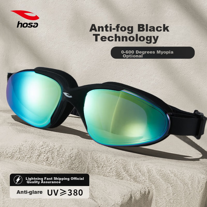 Hosa Swimming Goggles, Professional High-Definition Waterproof Anti-Fog Large Frame Coated Swim Glasses, Unisex Comfortable Swimming Goggles, Color Black
