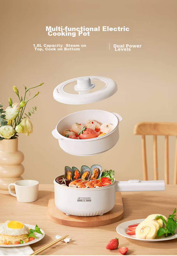 PESKOE Titanium Coated Electric Cooking Pot 1.6L Electric Hot Pot Electric Frying Pan Small Electric Pot Multifunctional Hot Pot Noodle Cooker GY-001 1