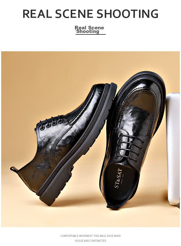 St&Sat Men's Shoes, Men's Hand-Scratched Leather Shoes, Business Casual Leather Shoes for Men, Black, Size 38 9