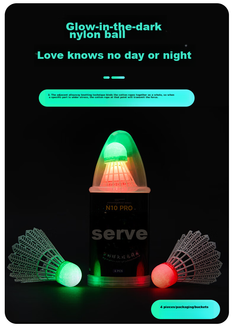 KAWASAKI Badminton Nylon Shuttlecocks, Durable Night-Luminous Fluorescent LED Lighted Nylon Shuttles N10PRO (Set of Four) 2