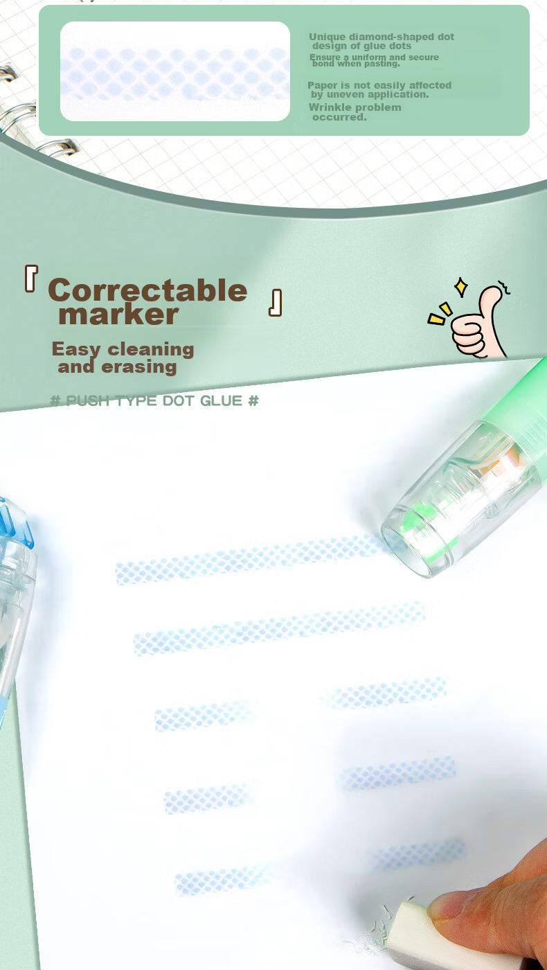 CHANGLi Push-Button Dot Glue Correction Tape, High Adhesion, Student-Specific Error Correction, Sticky Dots, Double-Sided Transparent Tape, Children's Craft Glue Pen, Sticker Paper, Journal Tape, Stationery 6