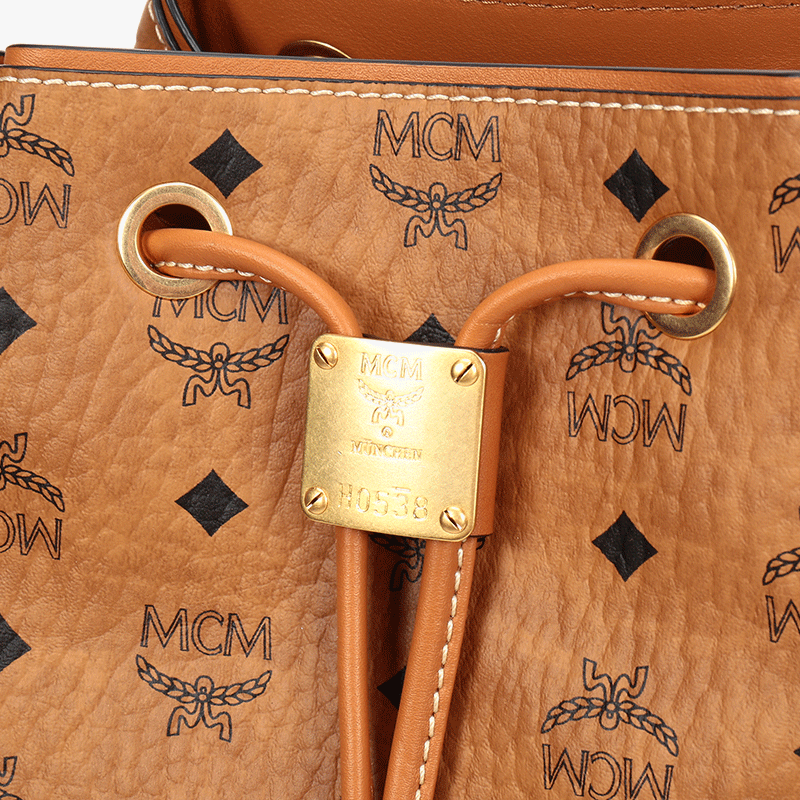 mcm 女士涂层帆布配皮手提单肩包水桶包干邑色logo图案 mwdaabf01co