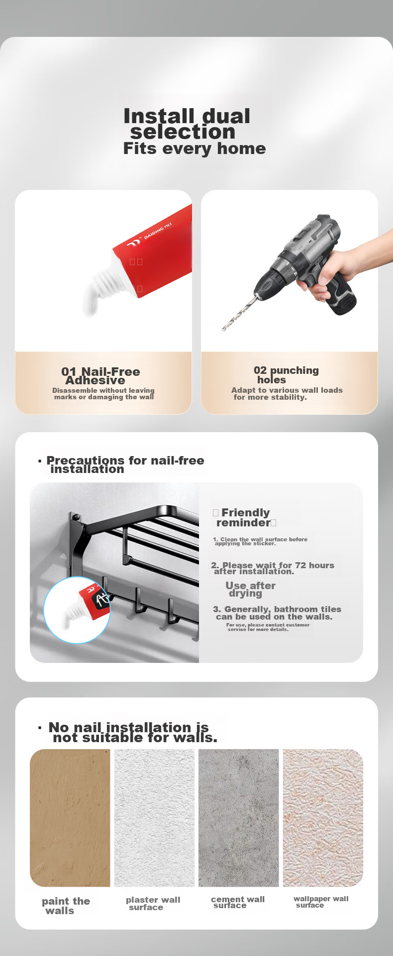 HEGII Coat Hooks, Bathroom Storage Rack, No Drilling Required Towel And Coat Hooks HMP921-08 10