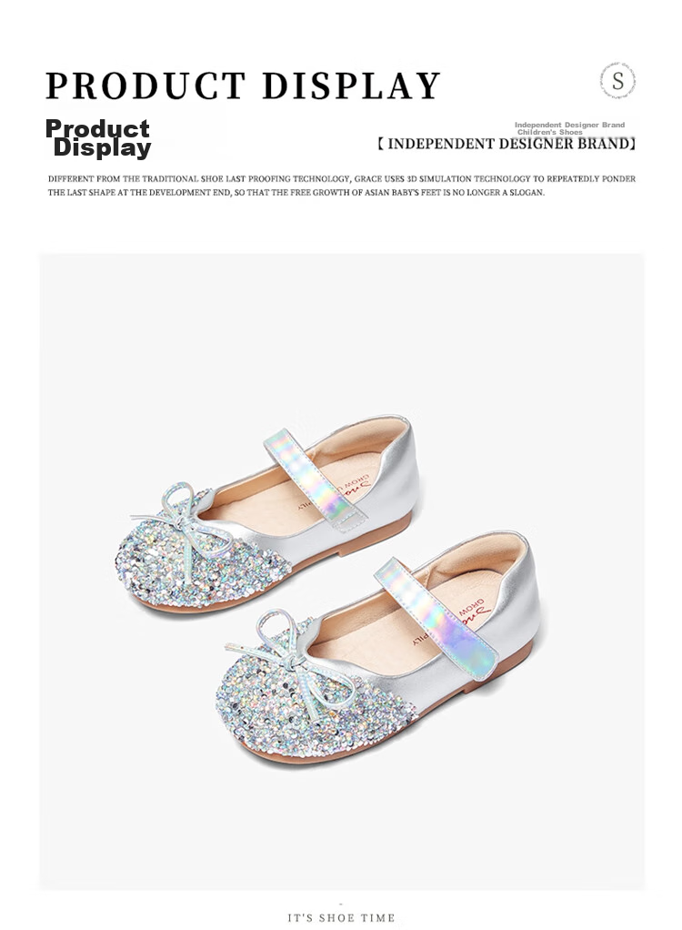 Snoffy Girls' Leather Shoes, Spring Children's Crystal Shoes, Shiny Diamond Princess Shoes, Comfortable Soft-Soled Flats for Little Girls, Moonlight Silver, Size 28 28