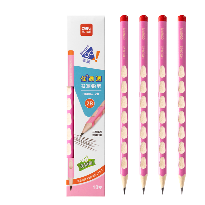 Deli 10 Pcs 2B Pink Perforated Pencils, Easy-Grip Writing Pencils for Children's Posture Correction And Handwriting Practice, HC806-2B Student Back-To Stationery