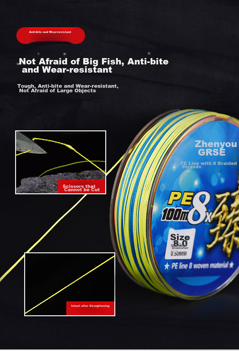 Grsaed Fishing Tackle PE Braided Line Colorful Eight-Strand 8.0 Heavy-Duty Fishing Line for Competitive Leisure Wild Fishing, 100-Meter Angling Line 10